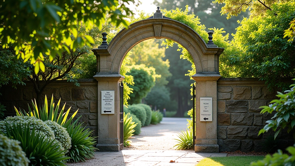 Entrada principal del Jardín Botánico con puertas de piedra y cartelería clara