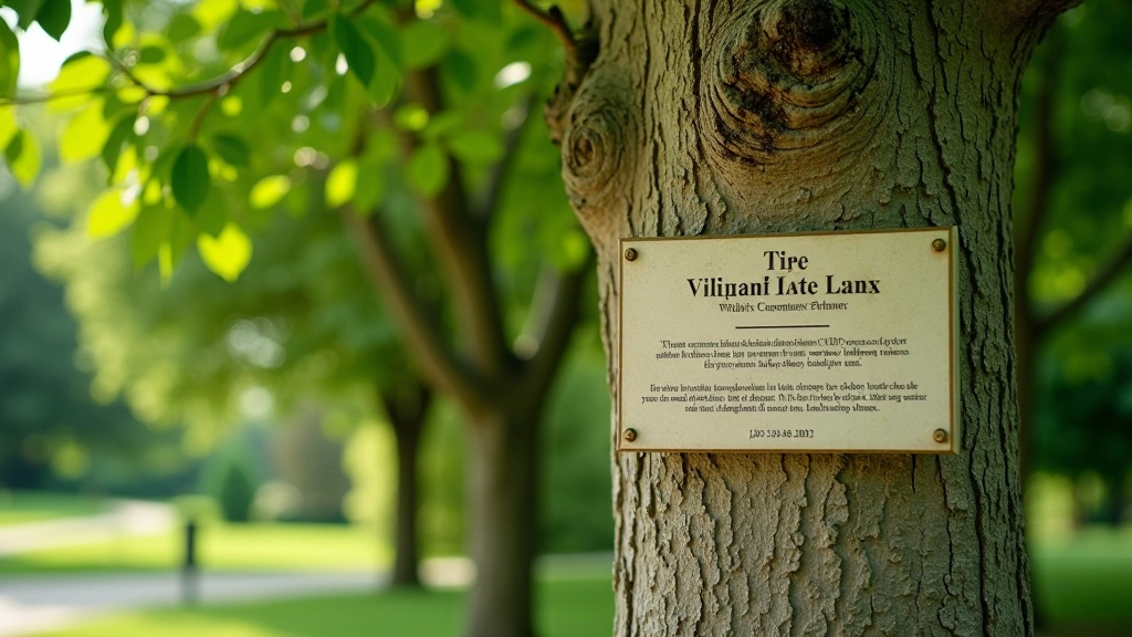 Árbol nativo del jardín con placa informativa de identificación y características botánicas