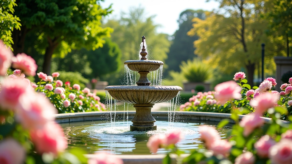 Fuente de agua rodeada de flores rosadas y blancas en el corazón del rosedal