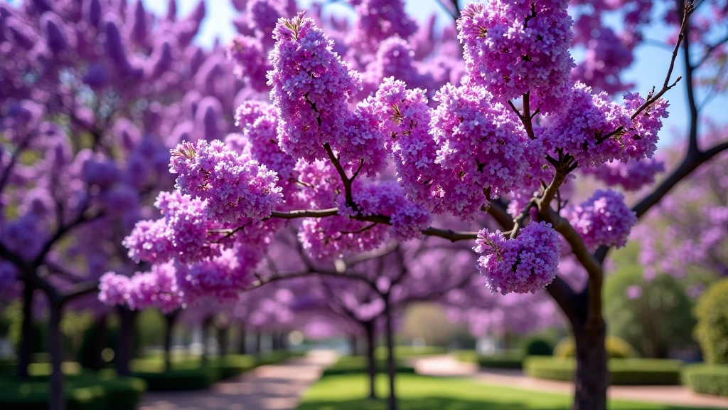 Árbol de Jacarandá en flor con flores púrpura brillantes cubriendo sus ramas, en el Jardín Botánico durante primavera