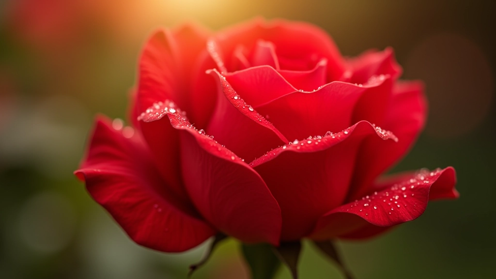 Detalle de pétalos de rosa roja con gotas de rocío en la mañana