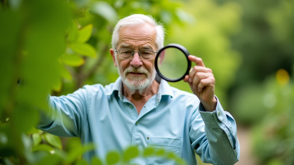 Visitante adulto observando de cerca las hojas y flores de un árbol del jardín botánico, con etiqueta informativa visible