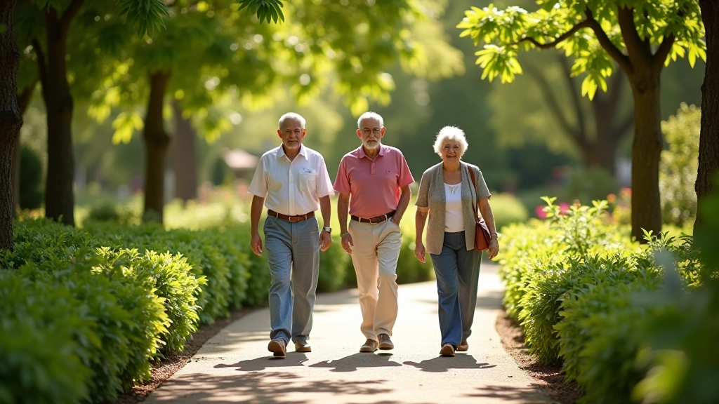 Grupo de personas mayores caminando juntas en un sendero sombreado del jardín botánico