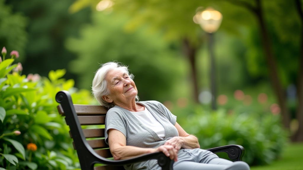 Persona mayor descansando en un banco dentro del Jardín Botánico, rodeada de plantas verdes
